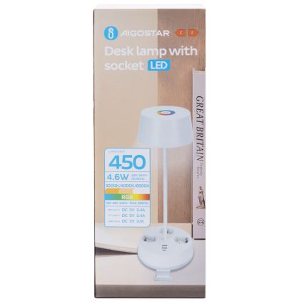 Aigostar - Lampă de birou LED RGBW, dimabilă, cu prize și port USB, 4,6W, 230V, 3000/4000/6500K, albă