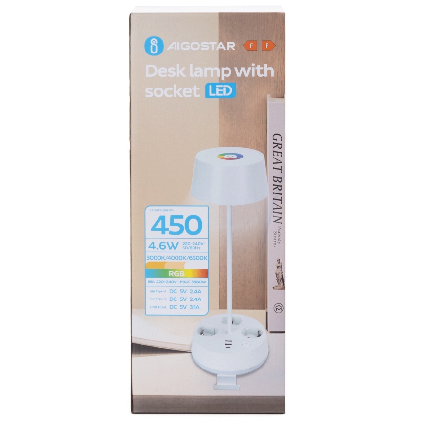 Aigostar - Lampă de birou LED RGBW, dimabilă, cu prize și port USB, 4,6W, 230V, 3000/4000/6500K, albă