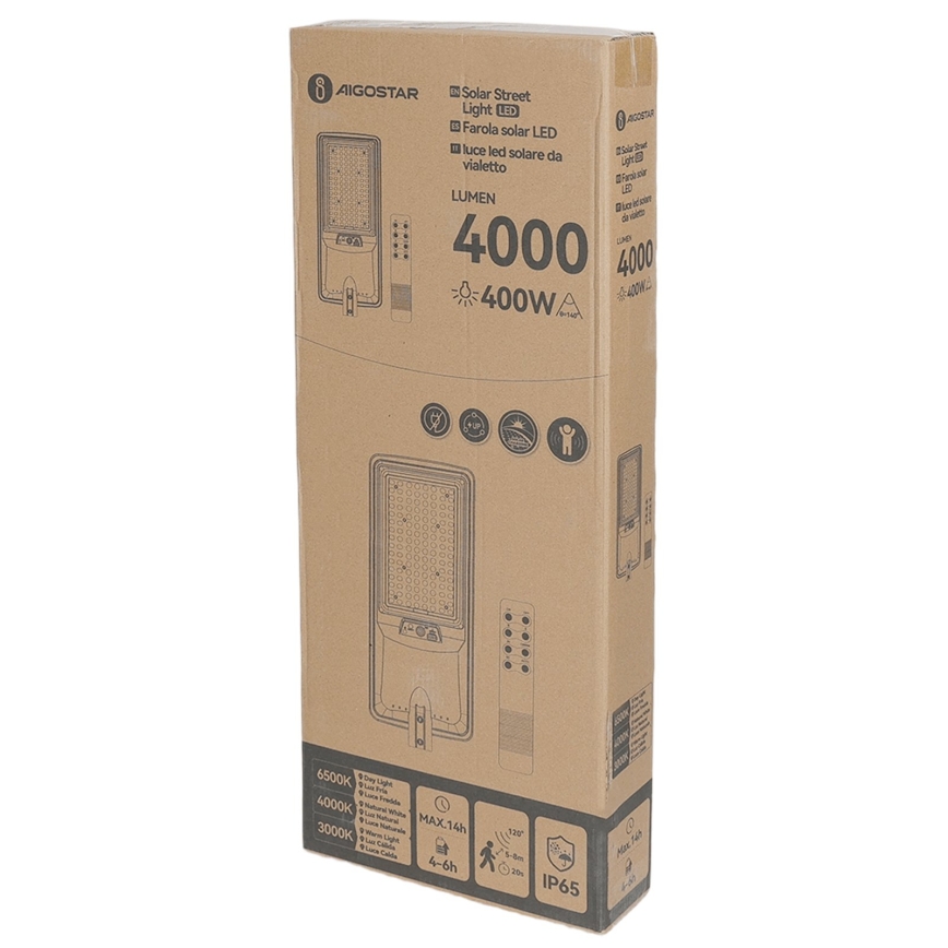 Aigostar - LED Lampă stradală solară cu senzor LED/300W/3,2V 3000/4000/6500K 3600mAh + telecomandă