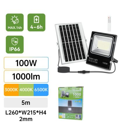 Aigostar - Reflector solar LED/100W/3,2V 2000mAh 3000K/4000K/6500K IP66 + telecomandă