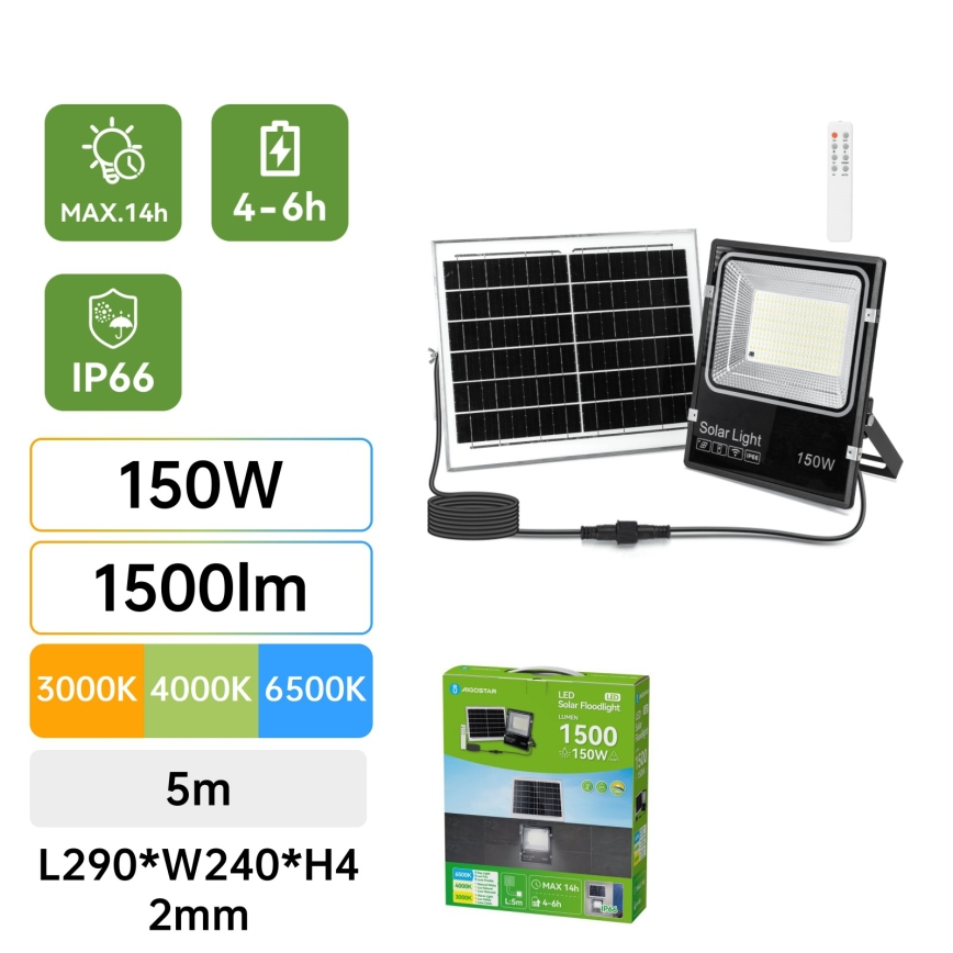Aigostar - LED Proiector solar LED/150W/3,2V 3000mAh 3000K/4000K/6500K IP66 + telecomandă