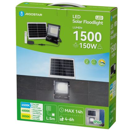 Aigostar - LED Proiector solar LED/150W/3,2V 3000mAh 3000K/4000K/6500K IP66 + telecomandă