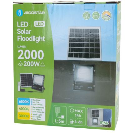 Aigostar - Reflector solar LED/200W/3,2V 3600mAh 3000K/4000K/6500K IP66 + telecomandă
