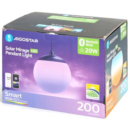 Aigostar - Lustru solar LED RGBW MESH, reglabil, 20W, 3,7V, 4000 mAh, 2700K-6500K, IP65, diam. 15 cm