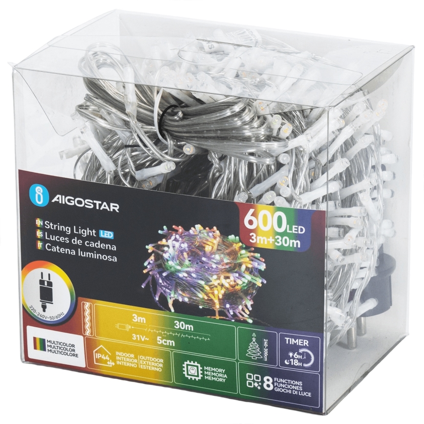 Aigostar - Ghirlandă LED de exterior pentru Crăciun 600xLED/8 funcții 30m IP44 multicolor