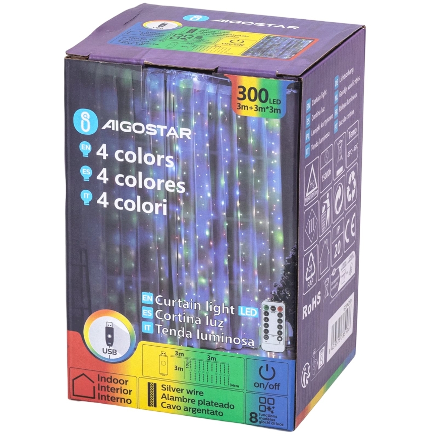 Aigostar - ghirlandă LED reglabilă de Crăciun 300xLED/8 funcții USB 6x3m multicolor + telecomandă