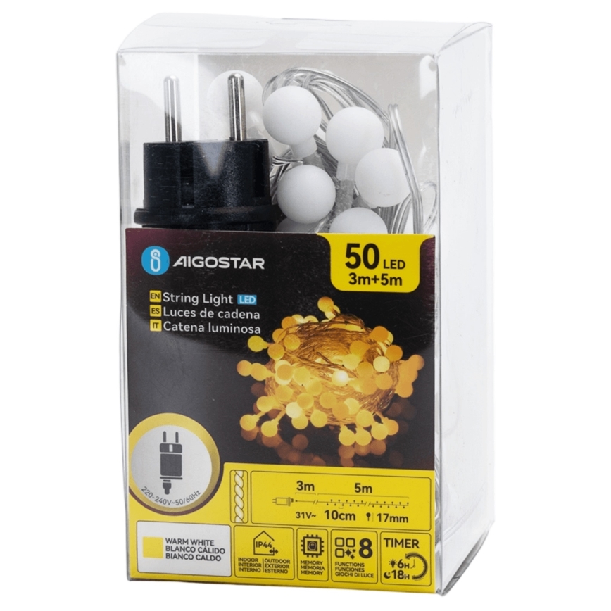 Aigostar - Ghirlandă decorativă LED pentru exterior 50xLED/8 funcții 5 m IP44 alb cald