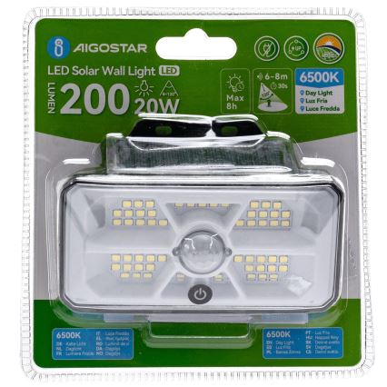 Aigostar - Lampă solară LED cu senzor, 3,7 V, 6500 K, 500 mAh, IP65, neagră