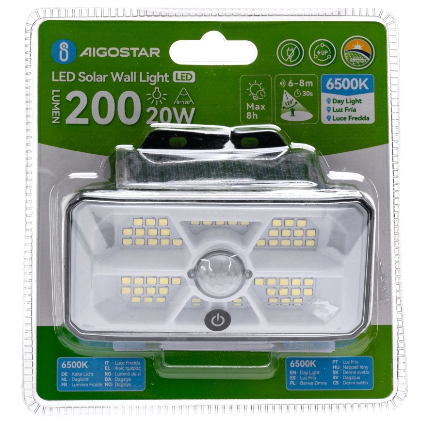 Aigostar - Lampă solară LED cu senzor, 3,7 V, 6500 K, 500 mAh, IP65, neagră