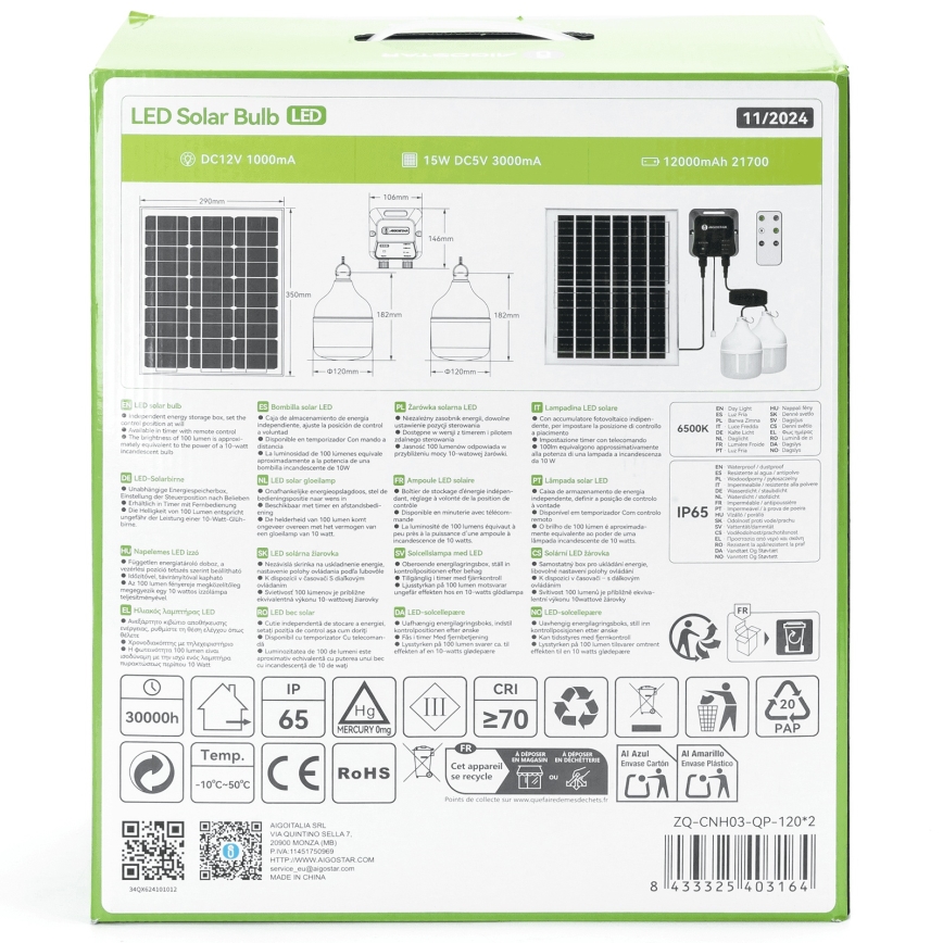 Aigostar - Lustra solară LED 2xLED/70W/12V 12000 mAh 6500K IP65 Ø 12 cm, cu telecomandă