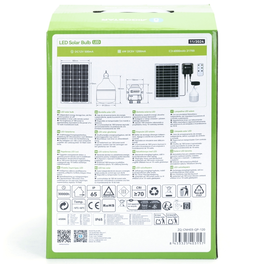 Aigostar - candelabru solar LED/70W/12V 6000 mAh 6500K IP65 Ø 12 cm + telecomandă
