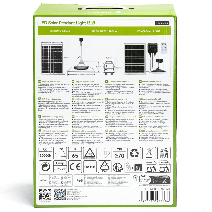 Aigostar - Lustră solară LED/70W/12V 6000 mAh 6500K IP65 Ø 23,5 cm + telecomandă