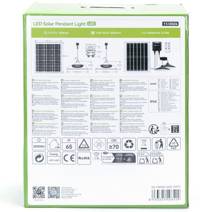 Aigostar - Lustră solară LED 2xLED/70W/12V 12000 mAh 6500K IP65 diam. 23,5 cm + telecomandă