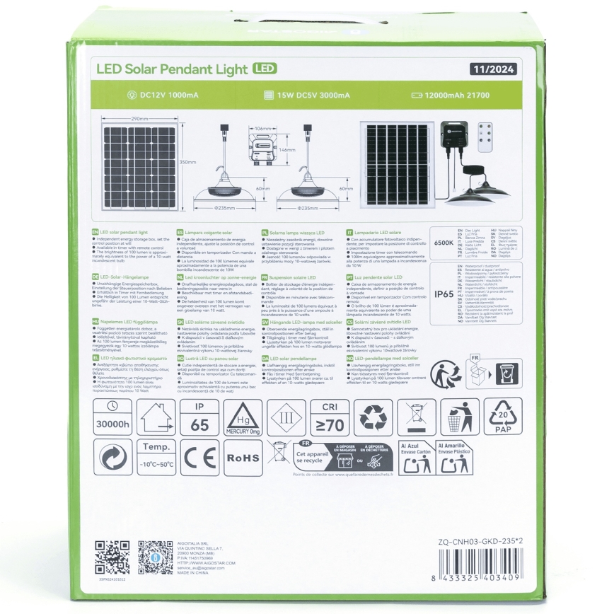 Aigostar - Lustră solară LED 2xLED/70W/12V 12000 mAh 6500K IP65 diam. 23,5 cm + telecomandă