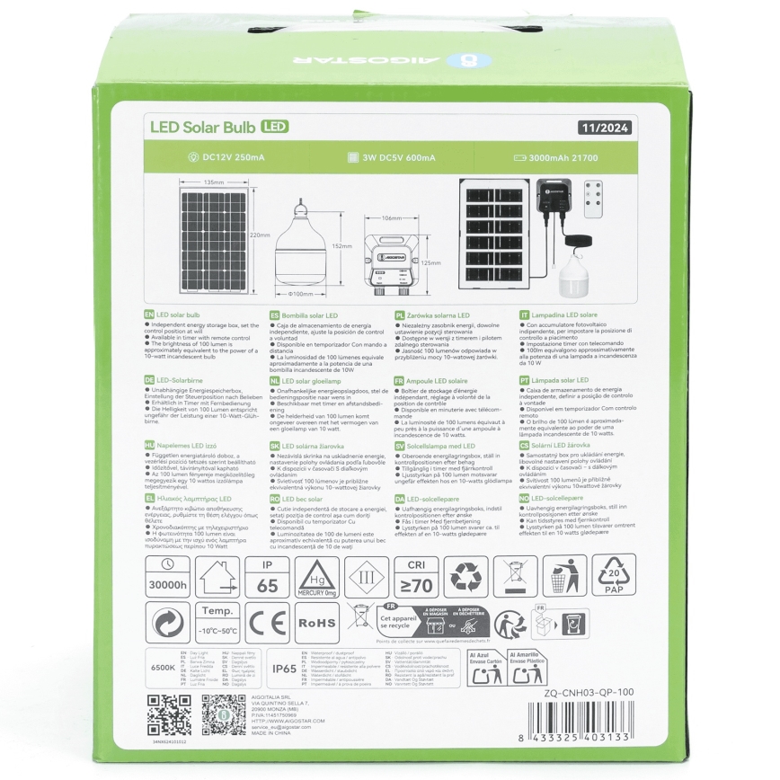 Aigostar - Lustră solară cu LED/35W/12V 3000 mAh 6500K IP65 Ø 10 cm + telecomandă