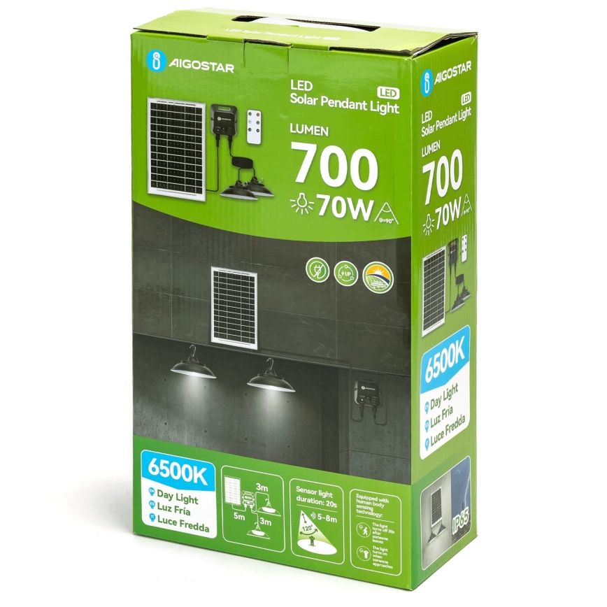 Aigostar - Lustru solar LED cu senzor, 2x LED, 35 W, 12 V, baterie 6000 mAh, 6500K, IP65, Ø 15 cm + telecomandă