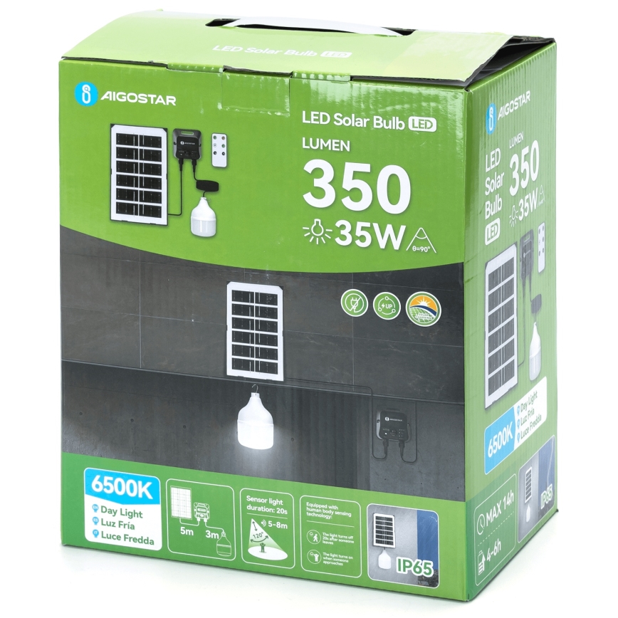 Aigostar - Lampă suspendată solară LED cu senzor, 35W/12V, 3000 mAh, 6500K, IP65, Ø 10 cm + telecomandă