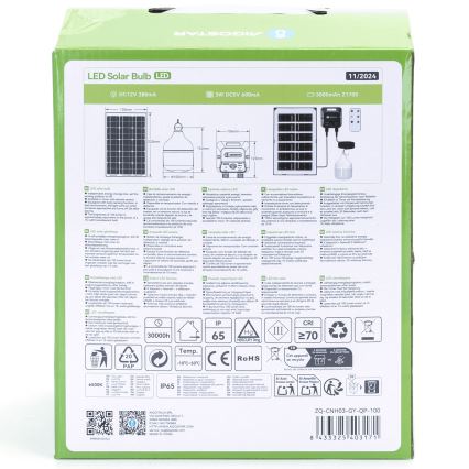 Aigostar - Lampă suspendată solară LED cu senzor, 35W/12V, 3000 mAh, 6500K, IP65, Ø 10 cm + telecomandă