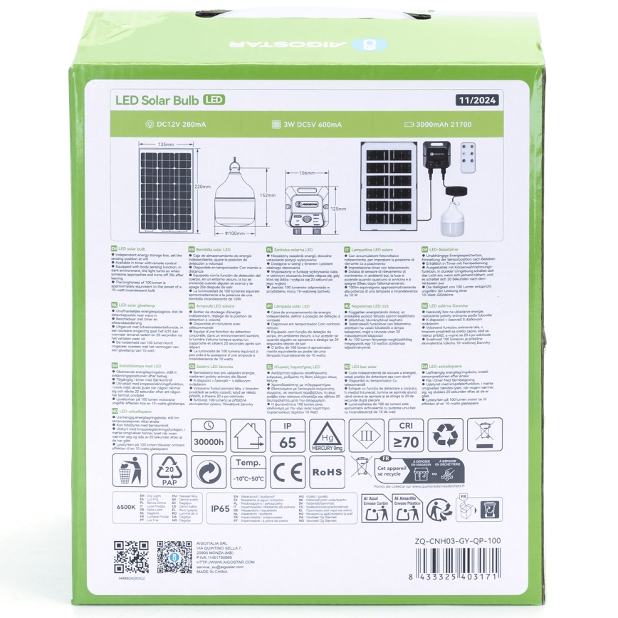 Aigostar - Lampă suspendată solară LED cu senzor, 35W/12V, 3000 mAh, 6500K, IP65, Ø 10 cm + telecomandă