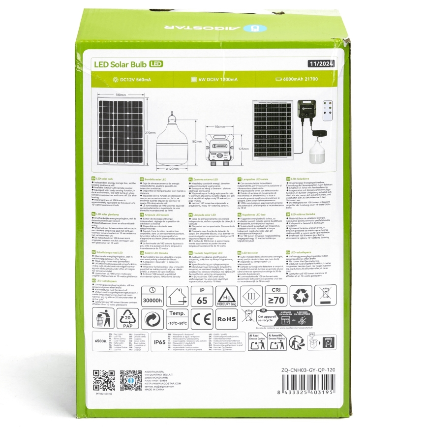 Aigostar - Lustră solară LED cu senzor LED/70W/12V 6000 mAh 6500K IP65 Ø 12 cm + telecomandă