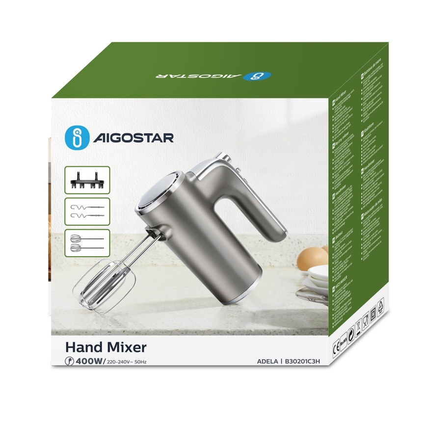 Aigostar - Mixer de mână 400W/230V gri/crom mat