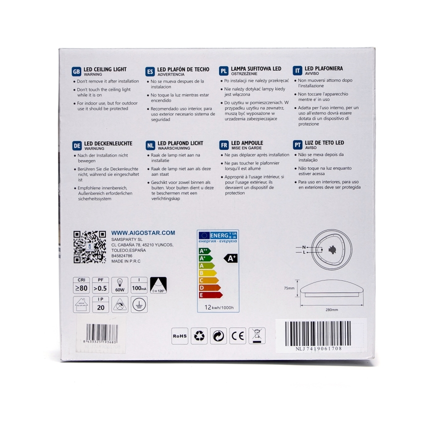 Aigostar - Plafonieră LED cu senzor, 12 W, 230 V, 3000 K, Ø 28 cm