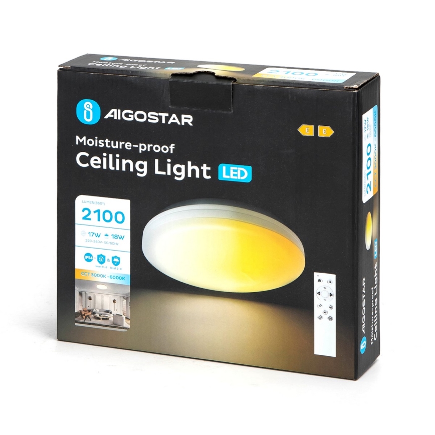 Aigostar - Plafonieră LED dimabilă pentru baie LED/18W/230V 3000-6000K IP54 + telecomandă