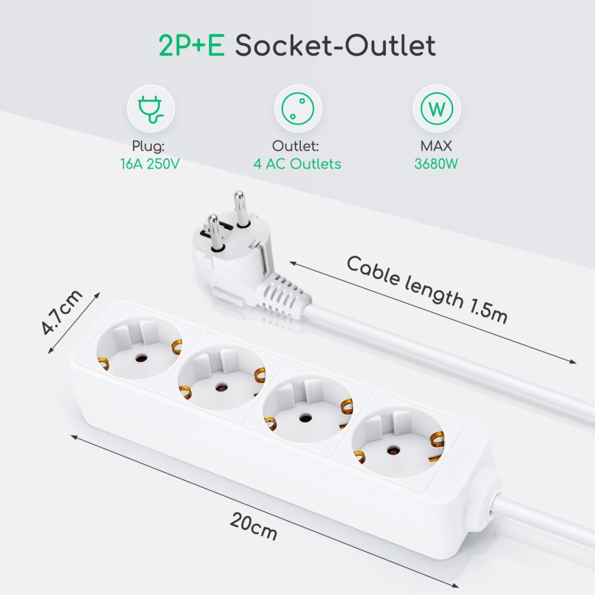 Aigostar - Prelungitor 4Z Tip F 1,5m alb SCHUKO