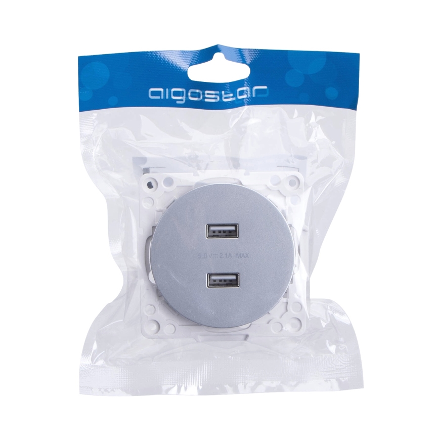 Aigostar - Priză de alimentare USB fără ramă, 2x USB-A, argintie