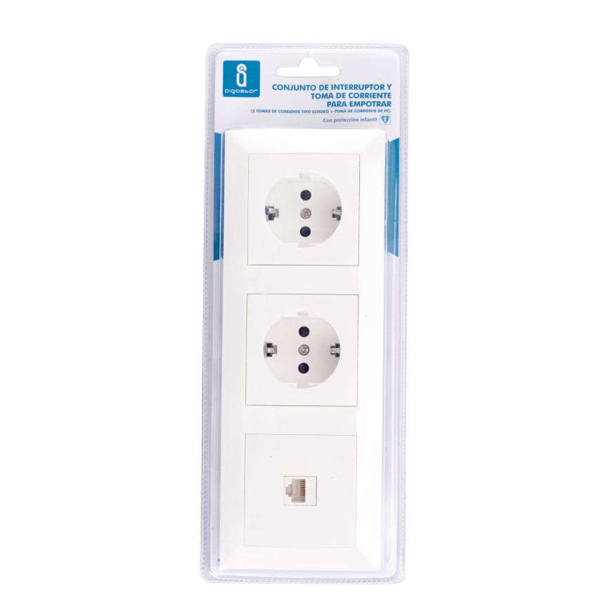 Aigostar - Priză Ethernet și 2 prize SCHUKO cu ramă albă