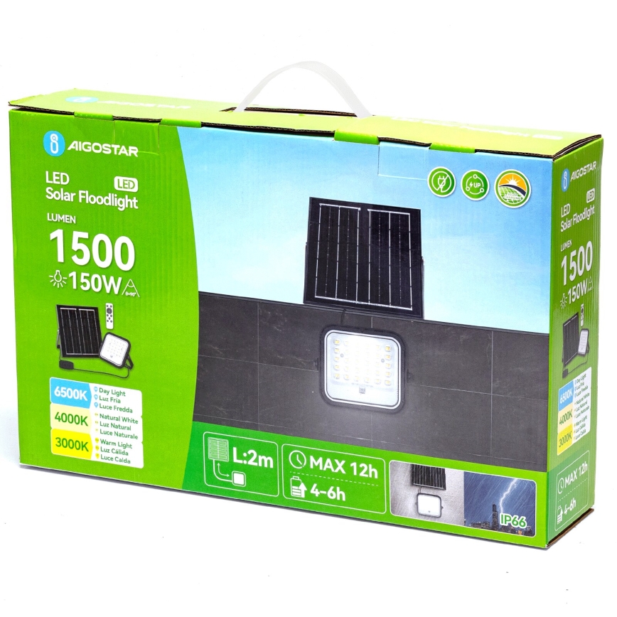 Aigostar - Proiector solar LED reglabil/150W/3,4V 3000/4000/6500K IP66 12000 mAh + telecomandă