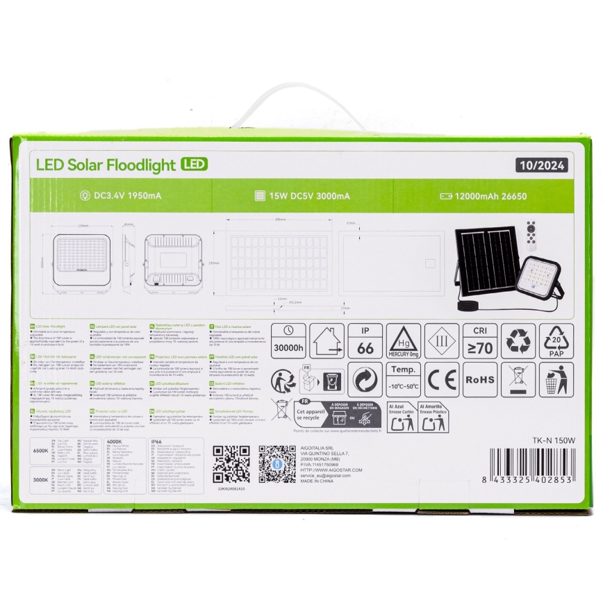 Aigostar - Proiector solar LED reglabil/150W/3,4V 3000/4000/6500K IP66 12000 mAh + telecomandă