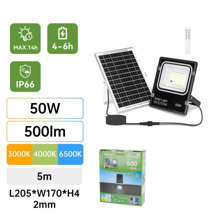Aigostar - Proiector solar LED reglabil/50W/3,2V 1200mAh 3000K/4000K/6500K IP66 + cu telecomandă