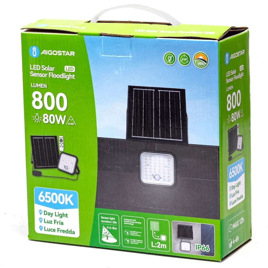 Aigostar - Proiector solar LED reglabil cu senzor, 80W/3,4V, 6500K, IP66, 4000 mAh + telecomandă