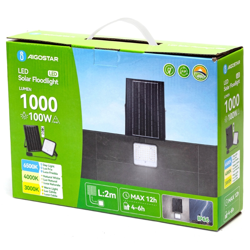 Aigostar - Proiector solar LED reglabil/100W/3,4V 3000/4000/6500K IP66 8000 mAh + telecomandă