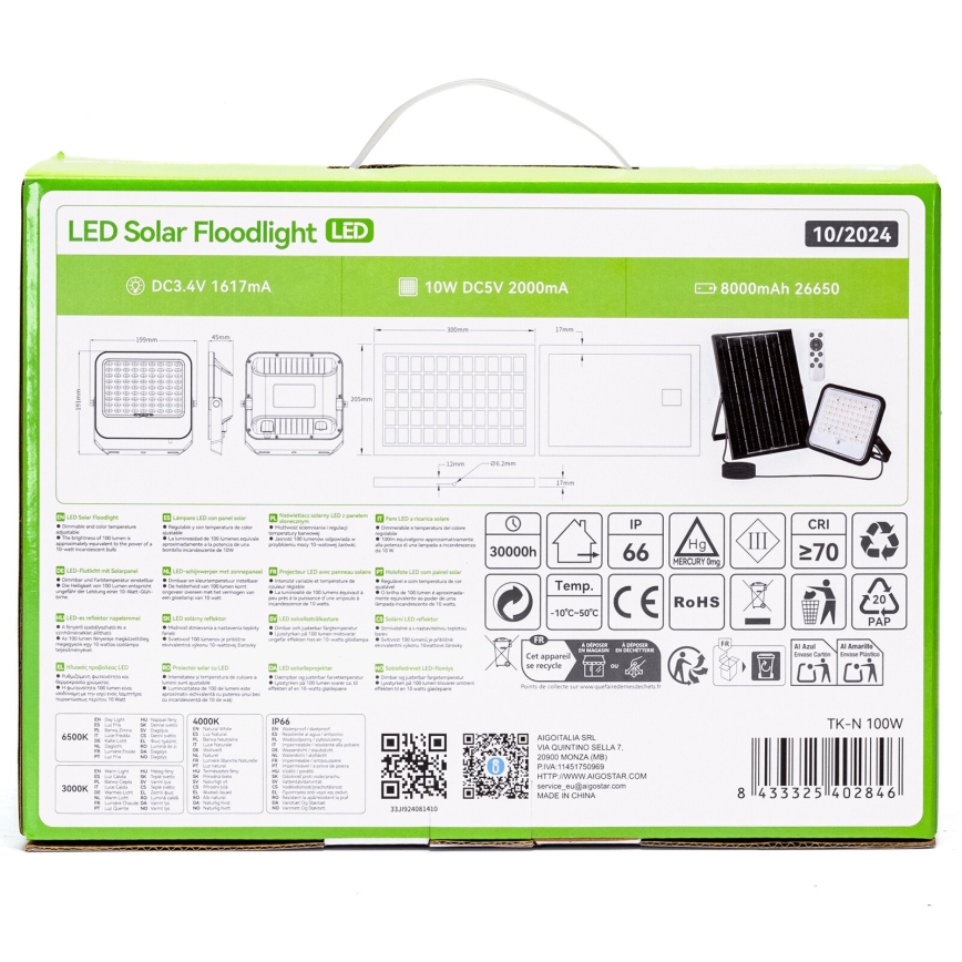 Aigostar - Proiector solar LED reglabil/100W/3,4V 3000/4000/6500K IP66 8000 mAh + telecomandă