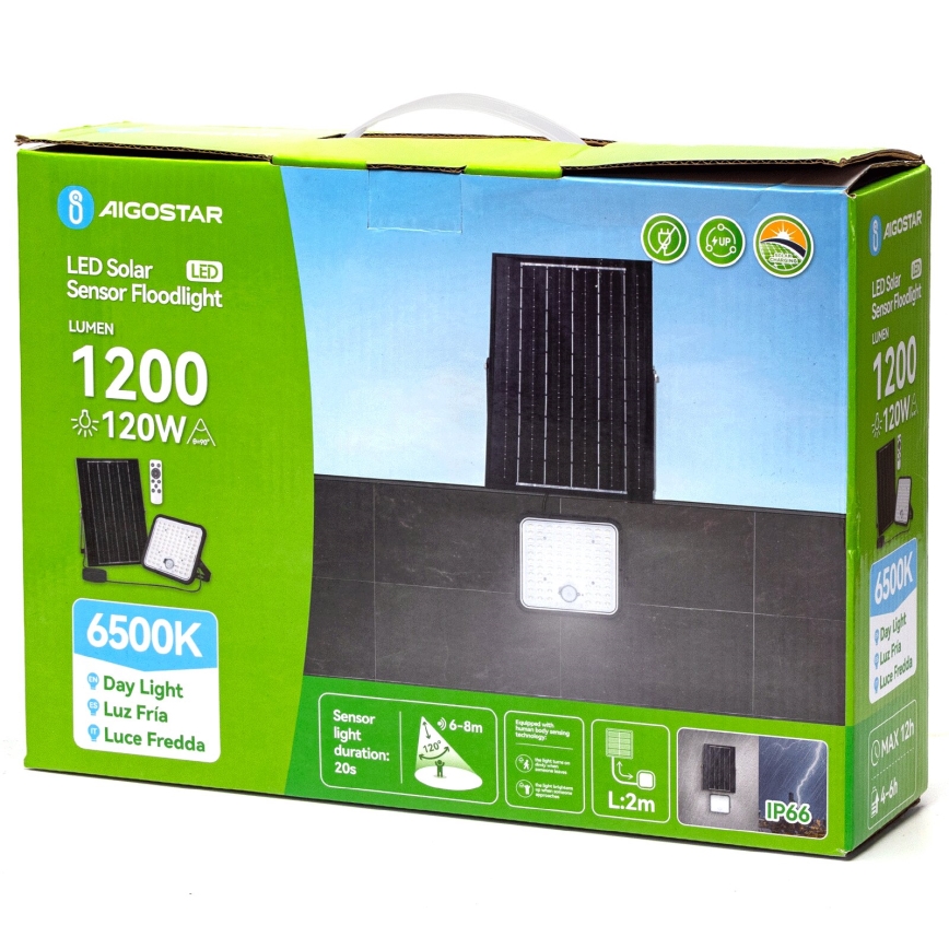 Aigostar - Proiector solar LED reglabil cu senzor LED/120W/3,4V 6500K IP66 8000 mAh + telecomandă