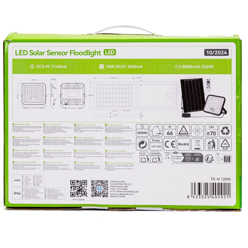 Aigostar - Proiector solar LED reglabil cu senzor LED/120W/3,4V 6500K IP66 8000 mAh + telecomandă