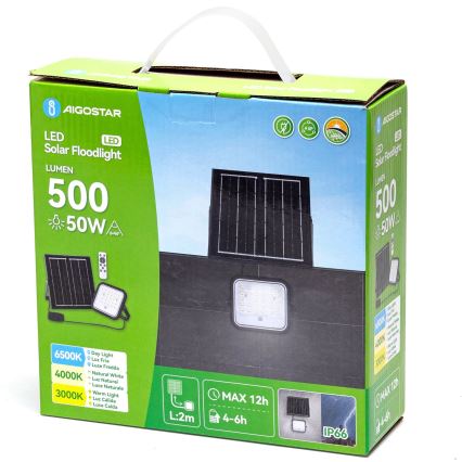 Aigostar - Proiector solar LED cu reglare a intensității, 50 W, 3,4 V, 3000/4000/6500 K, IP66, 4000 mAh + telecomandă