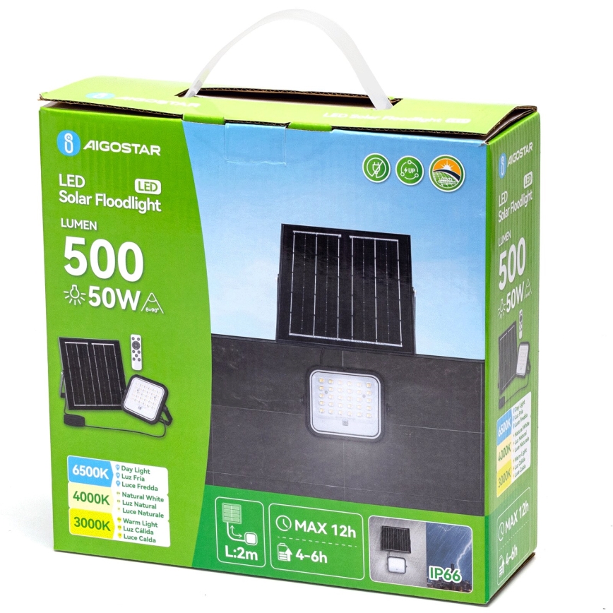 Aigostar - Proiector solar LED cu reglare a intensității, 50 W, 3,4 V, 3000/4000/6500 K, IP66, 4000 mAh + telecomandă