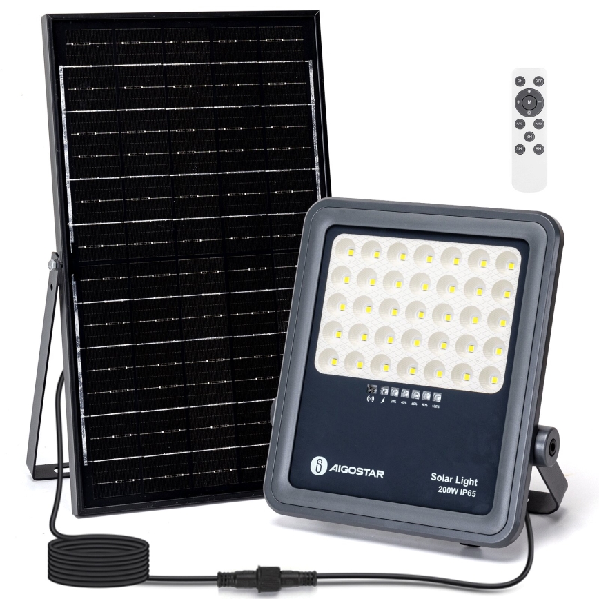 Aigostar - Proiector solar LED cu reglare a luminozității, 200 W, 3,4 V, IP65, 15000 mAh + telecomandă