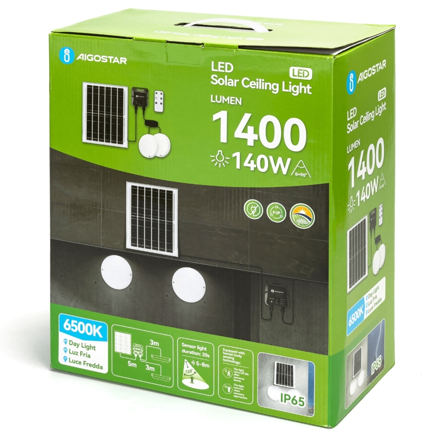 Aigostar - Plafonieră solară LED cu senzor, 2xLED/70W/3,7V, 12000 mAh, IP65, telecomandă inclusă