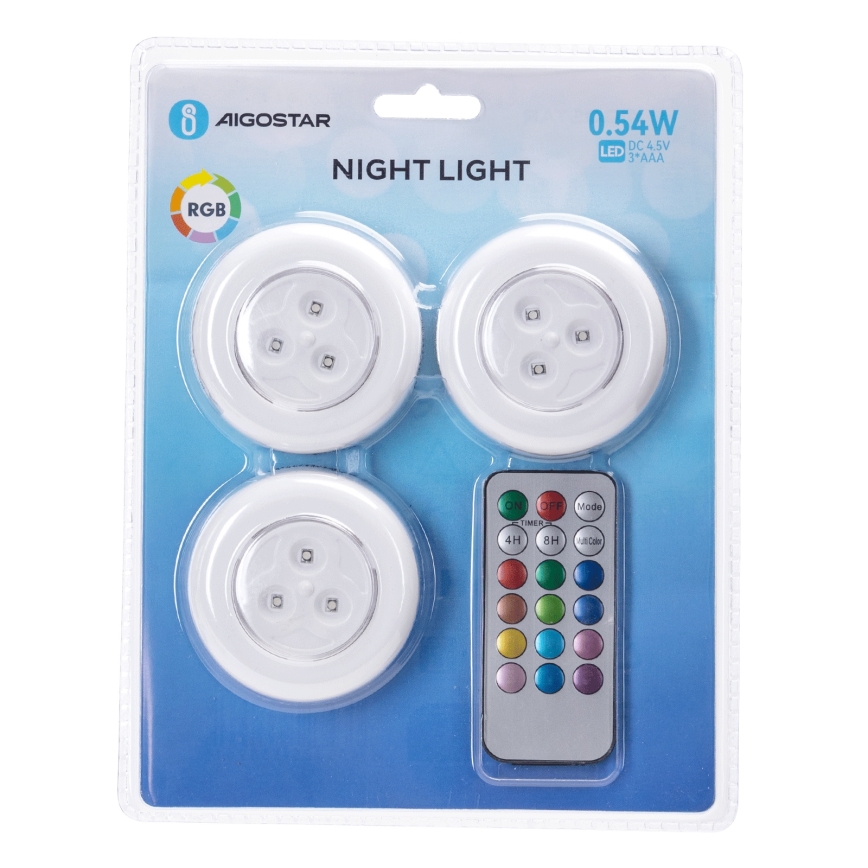 Aigostar - Set 3x lămpi de veghe portabile LED RGB LED/3xAAA + telecomandă