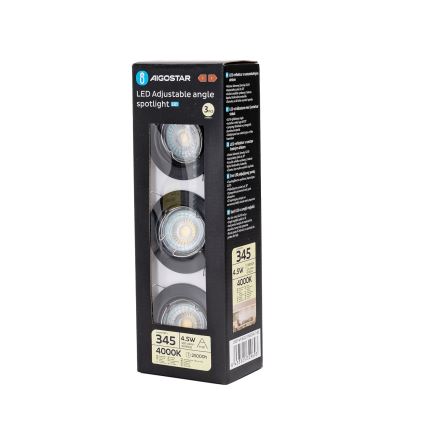 Aigostar - Set de 3 spoturi LED încastrate, 1x GU10/4,5W/230V, 4000K, negru