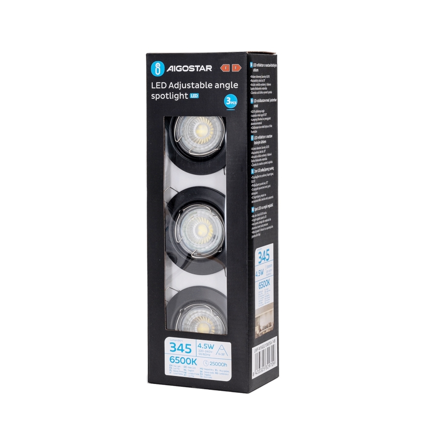 Aigostar - Set de 3 spoturi LED încastrate, 1x GU10/4,5W/230V 6500K, negru