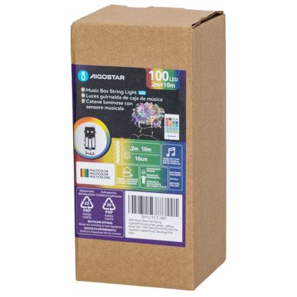 Aigostar - Ghirlandă LED reglabilă de exterior pentru Crăciun cu senzor de mișcare 100xLED/3xAA 12m multicolor + telecomandă