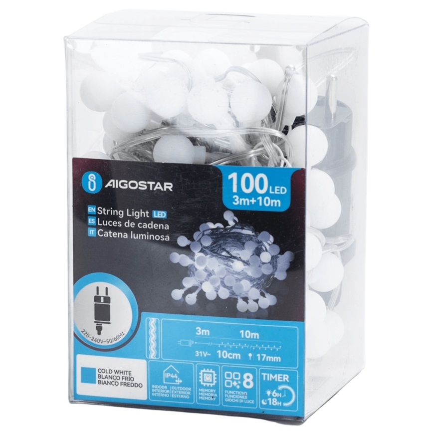 Aigostar - Ghirlandă LED decorativă pentru exterior, 100 LED, 8 moduri, 10 m, IP44, alb rece