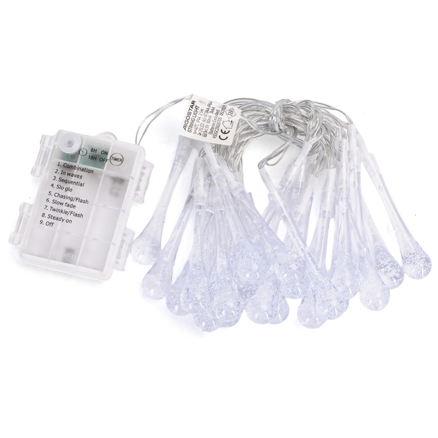 Aigostar - Ghirlandă LED pentru exterior, 25 LED, 8 funcții, 3x AA, 2,5 m, IP44, picături multicolore