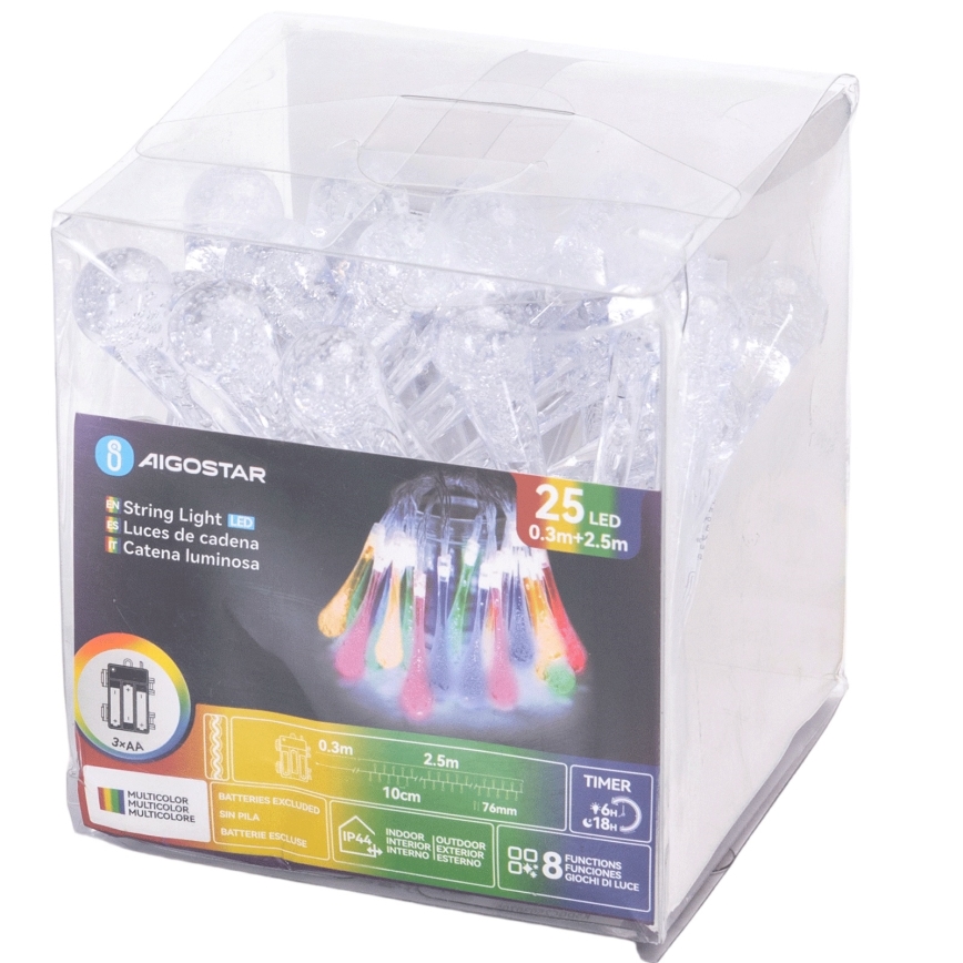 Aigostar - Ghirlandă LED pentru exterior, 25 LED, 8 funcții, 3x AA, 2,5 m, IP44, picături multicolore