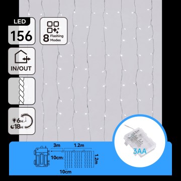 Aigostar - Șir luminos LED de exterior pentru Crăciun 156xLED/8 funcții 3xAA 4,2x1,2m IP44 alb rece